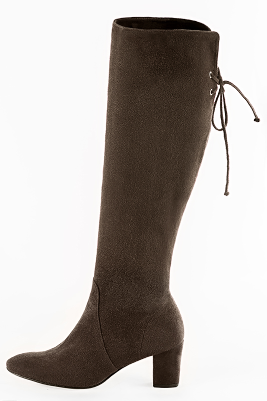 Chocolate brown women's knee-high boots, with laces at the back. Round toe. Medium block heels. Made to measure. Profile view - Florence KOOIJMAN